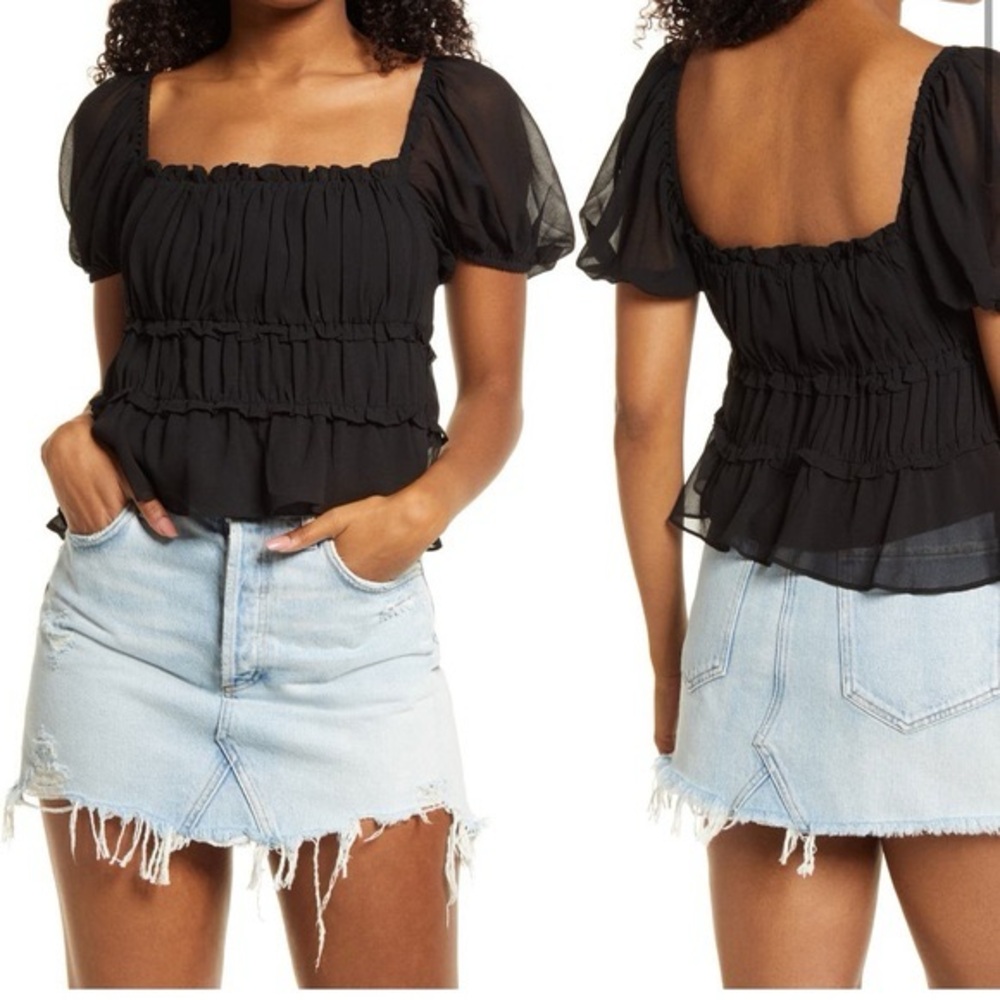 ASTR The Label Savina Puff-Sleeve Top XS black mesh